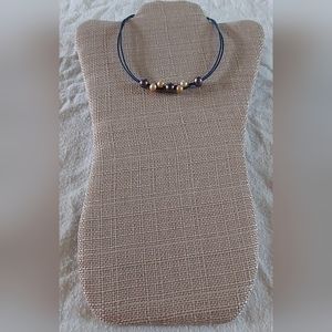 Handmade Gold & Peacock Pearls & Navy Blue Leather Necklace